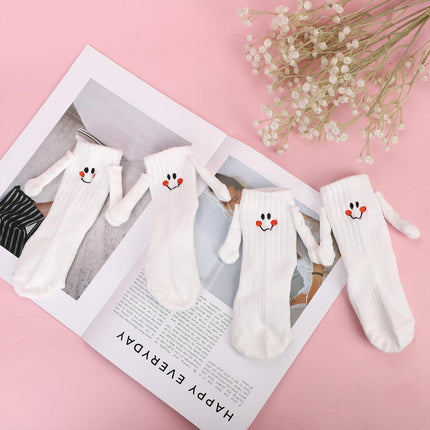 2 Pairs Hand Holding Socks for Kids, Funny Magnetic Mid-Tube Socks White Smile Face Matching Crazy Silly Slipper Socks Magnet Friendship Birthday Gift for Children Toddler (1-3T).