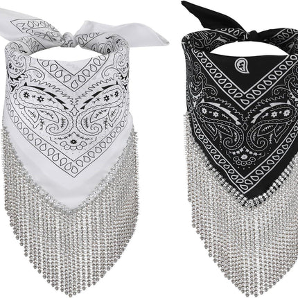 2pcs Rhinestone Fringe Bandana, Rhinestone Scarf for Women Sparkly Disco Cowgirl Bachelorette Bandanas Bling Bandanas Party Supplies for Men Women.