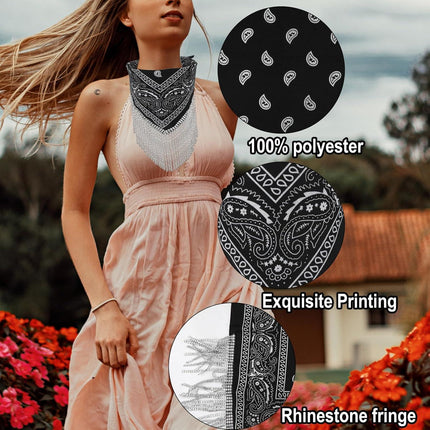 2pcs Rhinestone Fringe Bandana, Rhinestone Scarf for Women Sparkly Disco Cowgirl Bachelorette Bandanas Bling Bandanas Party Supplies for Men Women.