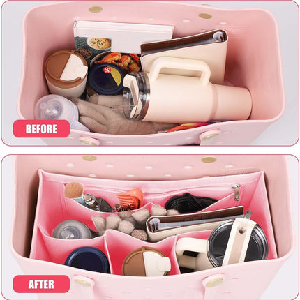 Rubber Beach Bag Organizer Compatible with Bogg Bag/Simply Southern Tote, Tote Organizer Insert Felt Bag Organizer Insert with 7 Pockets, Only for Bogg Bag XL Size (Pink).