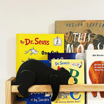 Woodland Nursery Decor For Baby, Black Bear Decoration, Wooden Wilderness Sleeping Bear, Safari Forest Decor For Classroom Bedroom Nursery Room Shelf (Black).