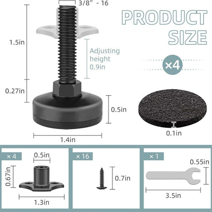 Heavy Duty Furniture Levelers, 4 Pack 3/8"-16 Threaded Leveling Feet Furniture Levelers Table Feet Adjustable Leg Levelers for Table/ Chair/Sofa/Desk/Cabinet/Workbench, Supports 1320LBs-Black.