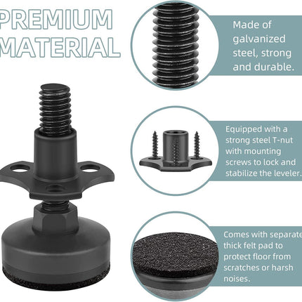 Heavy Duty Furniture Levelers, 4 Pack 3/8"-16 Threaded Leveling Feet Furniture Levelers Table Feet Adjustable Leg Levelers for Table/ Chair/Sofa/Desk/Cabinet/Workbench, Supports 1320LBs-Black.