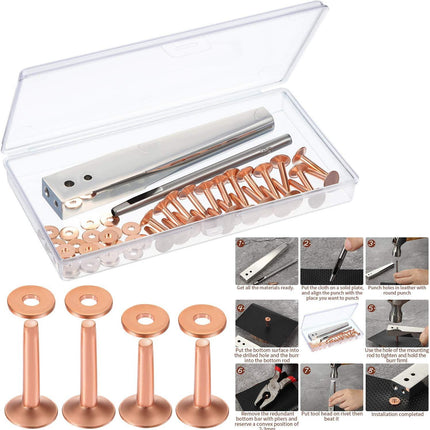 50 Pcs Copper Rivet and Burr 9 and #12 Copper Leather Brass Rivets Fastener Install Setting Tool with Hole Punch Cutter Kit for Belts Wallets Collars Leather Working Supplies.