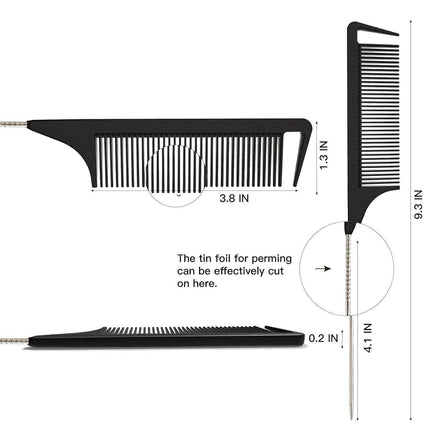 Hair Comb, Rat Tail Comb for Braiding Hair, Fine Tooth Hair Comb with Stainless Steel Pintail for Sectioning, Parting and Styling - Black.