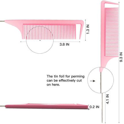 Rat Tail Combs, 3Pcs Parting Combs for Braiding Hair, Nylon Hair Comb Rat Tail Comb Rattail Comb with Stainless Steel Pintail for Sectioning, Parting and Styling (Pink).