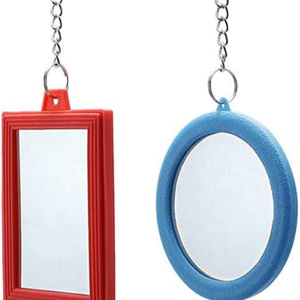 2-Piece Parrot Mirror Toy Hanging with Bells Pendant Bird Cage Accessories for Bird Parrot Budgie Parakeet Cockatiel Conure Lovebird Finch Canary Random Color （ 1pc Square +1pc Circle） ….