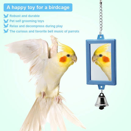 2-Piece Parrot Mirror Toy Hanging with Bells Pendant Bird Cage Accessories for Bird Parrot Budgie Parakeet Cockatiel Conure Lovebird Finch Canary Random Color （ 1pc Square +1pc Circle） ….