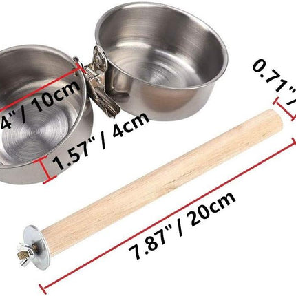 Bird Perch with Feeder CupsBowls Stainless Steel Odorless with Holder Hanger for Outside Durable Water Food Dispenser for Parakeet Cockatiel Conure African Grey Macaw Cage Accessories (B-20CM).
