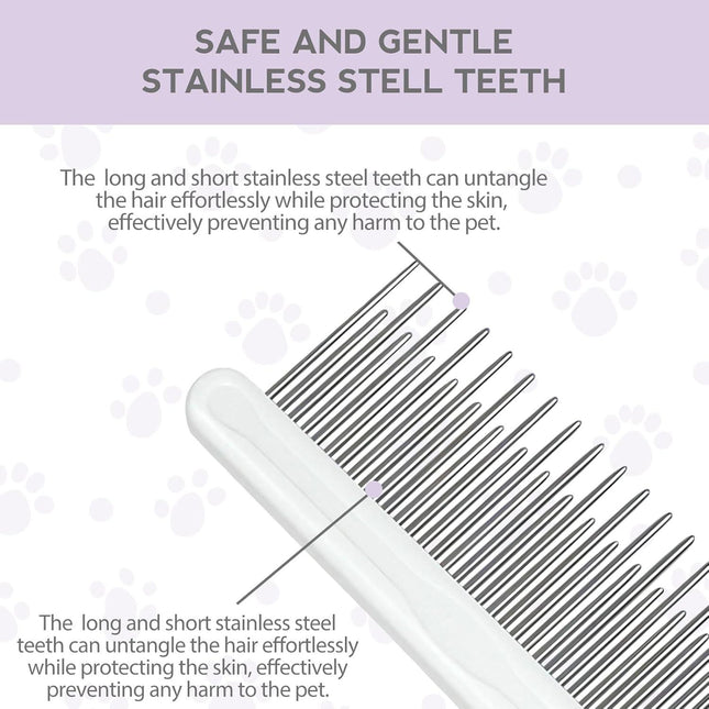 Detangling Pet Comb for Dog & Cat, Grooming Comb with Long & Short Stainless Steel Teeth, Safely Remove Knots & Tangles for Healthy Shiny Coat, Gentle Effective Detangling Tool for Pet Hair (Purple).
