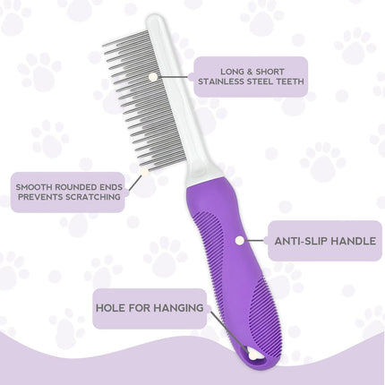 Detangling Pet Comb for Dog & Cat, Grooming Comb with Long & Short Stainless Steel Teeth, Safely Remove Knots & Tangles for Healthy Shiny Coat, Gentle Effective Detangling Tool for Pet Hair (Purple).