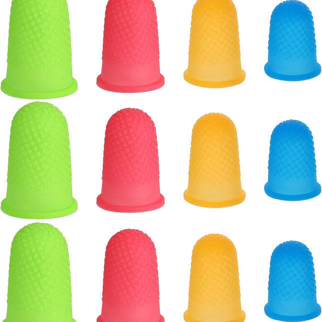 12pcs Rubber Finger Thimbles 4 Sizes Colors Silicone Hot Glue Finger Caps Reusable Thumb Guard Protectors Covers Finger Tip Pads Grips for Paperwork Cutting Money Counting Collating Crafts.