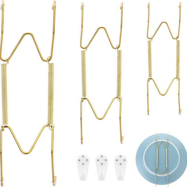 3pcs Plate Hanger for Wall, Stainless Steel 6 8 10 Inch Plate Hangers Invisible Decorative Wire Plate Holder with 3 Pack Wall Hooks and 15pcs Transparent Rubber Tip(Gold).