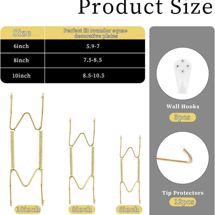 3pcs Plate Hanger for Wall, Stainless Steel 6 8 10 Inch Plate Hangers Invisible Decorative Wire Plate Holder with 3 Pack Wall Hooks and 15pcs Transparent Rubber Tip(Gold).
