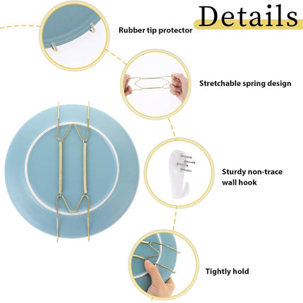 3pcs Plate Hanger for Wall, Stainless Steel 6 8 10 Inch Plate Hangers Invisible Decorative Wire Plate Holder with 3 Pack Wall Hooks and 15pcs Transparent Rubber Tip(Gold).