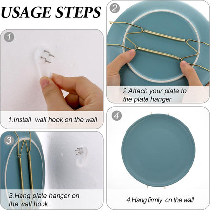 3pcs Plate Hanger for Wall, Stainless Steel 6 8 10 Inch Plate Hangers Invisible Decorative Wire Plate Holder with 3 Pack Wall Hooks and 15pcs Transparent Rubber Tip(Gold).