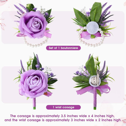 Purple Corsage and Boutonniere Set Handmade Artificial Flower Bride Wrist Corsage Bracelets Men Boutonniere Flowers Accessories Wristband for Wedding Prom Homecoming Party.