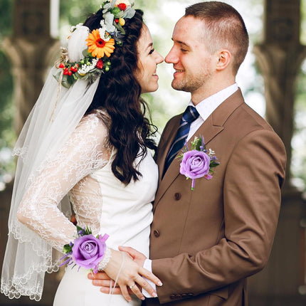 Purple Corsage and Boutonniere Set Handmade Artificial Flower Bride Wrist Corsage Bracelets Men Boutonniere Flowers Accessories Wristband for Wedding Prom Homecoming Party.
