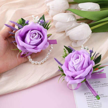 Purple Corsage and Boutonniere Set Handmade Artificial Flower Bride Wrist Corsage Bracelets Men Boutonniere Flowers Accessories Wristband for Wedding Prom Homecoming Party.