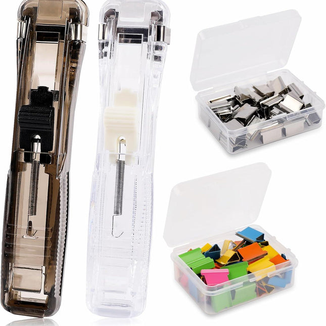 2 Pcs Portable Handheld Paper Clam Clip Dispenser Paper Clam Clip Dispenser with 100 Pcs Paper Clam Clip Refills Mini Push Stapler Paper Cip Dispenser Paper Clamps for Fixing Paper Documents.
