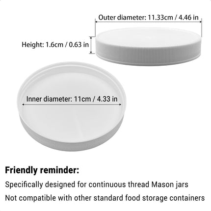 3 Pcs | 110/400 Plastic Replacement Lids | 4.33 inch Caps w/Leak Proof Liner | For Large Glass or Plastic Wide Mouth Jar， Food-Grade Storage Caps for Canning Jars.