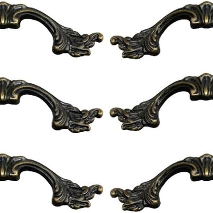 6-Pack French Drawer Pulls - Antique Brass, 3.38" Hole Centers, Vintage Shabby Chic Pulls for Dresser Nightstand Cabinet.