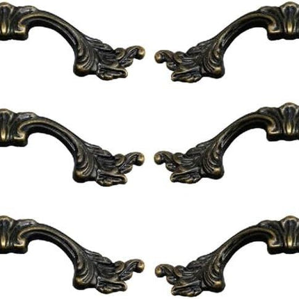 6-Pack French Drawer Pulls - Antique Brass, 3.38" Hole Centers, Vintage Shabby Chic Pulls for Dresser Nightstand Cabinet.