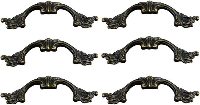 6-Pack French Drawer Pulls - Antique Brass, 3.38" Hole Centers, Vintage Shabby Chic Pulls for Dresser Nightstand Cabinet.
