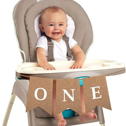 ONE High Chair First Birthday Burlap Banner | First Birthday Party Rustic Theme Decoration for boy or Girl | 1st Birthday Party Supplies | Happy Birthday Banner for Nursery Decor Product Name.