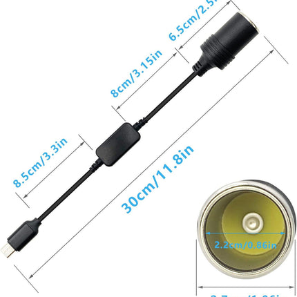 USB C Male to 12V Car Cigarette Lighter Socket Female Converter Cable 1 Ft,USB C to Cigarette Lighter Adapter for Dash Cam, GPS.