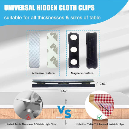 Tablecloth Clips for Thick Tables 6 Pack, Invisible Magnets Picnic Table Cloth Holder Clip Indoor Outdoor Large Clamp for Dining Tables Bench Cover Party Restaurant Camping RV Essential Accessories.