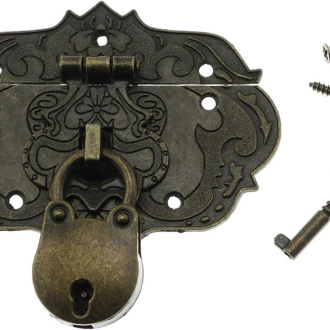 Antique Embossing Decorative Brass Hasp Clasp Latch Lock with Screws for Jewelry Box Ordinary Box Wooden Case Furniture Decoration (Bronze).