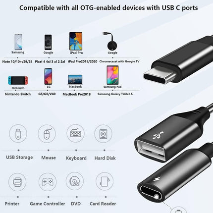 USB C OTG Adapter, 2 in 1 USB C Male to USB Female with 60W PD Charging Port Adapter Compatible with Galaxy S23 S22 Note 20, LG V40 V30, Google Pixel 6 XL,Google Chromecast with Google TV (Black).