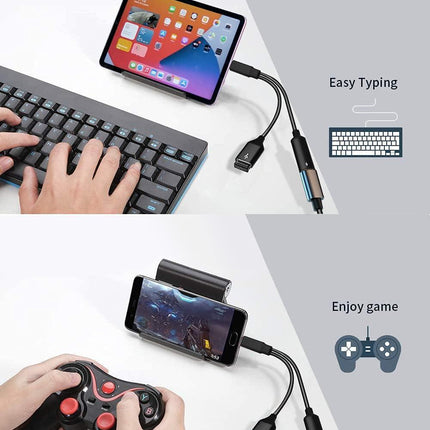 USB C OTG Adapter, 2 in 1 USB C Male to USB Female with 60W PD Charging Port Adapter Compatible with Galaxy S23 S22 Note 20, LG V40 V30, Google Pixel 6 XL,Google Chromecast with Google TV (Black).