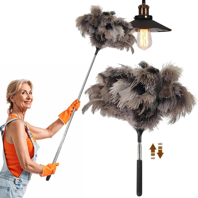 40 inches Extendable Ostrich Feather Duster， Fluffy Long Handle Reusable Duster for Cleaning Ceiling Fans, Pendant Lamps, High Ceilings, Blinds, and Furniture.