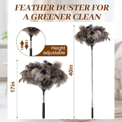 40 inches Extendable Ostrich Feather Duster， Fluffy Long Handle Reusable Duster for Cleaning Ceiling Fans, Pendant Lamps, High Ceilings, Blinds, and Furniture.