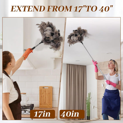 40 inches Extendable Ostrich Feather Duster， Fluffy Long Handle Reusable Duster for Cleaning Ceiling Fans, Pendant Lamps, High Ceilings, Blinds, and Furniture.