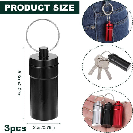 3 Pack Pill Fob Container, Waterproof Aluminum Pill Holder Keychain, Portable Mini Travel Pill Box, Nitroglycerin Pill Case for Pill Organizer Dispenser(Silver, Black, Red).