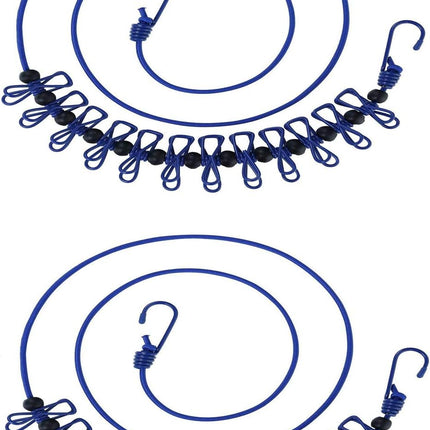 2 Pack 5.84 Feet Windproof Clothesline with 12 Blue Clips, Adjustable Clothes Line for Home, Travel and Outdoor Hanging Clothes