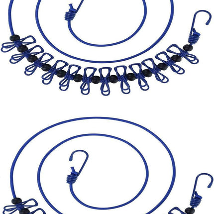 2 Pack 5.84 Feet Windproof Clothesline with 12 Blue Clips, Adjustable Clothes Line for Home, Travel and Outdoor Hanging Clothes.