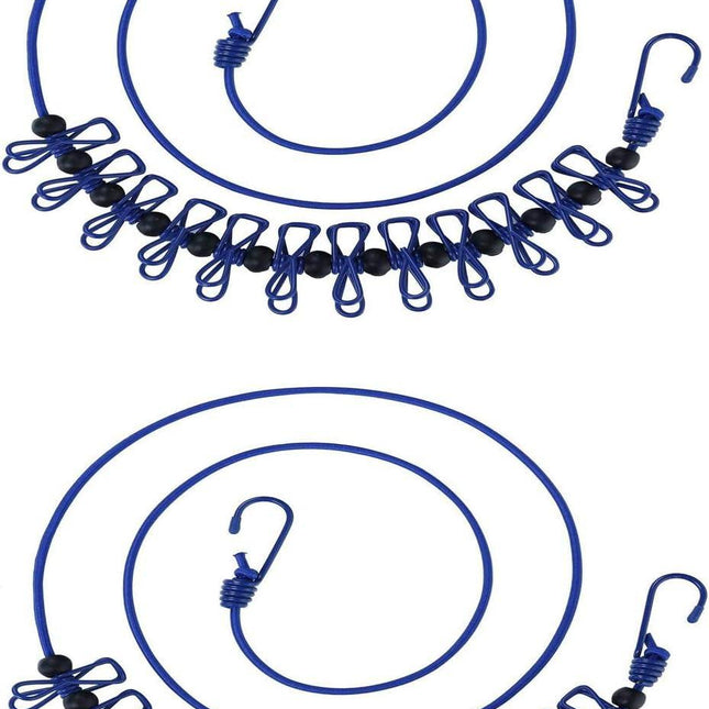 2 Pack 5.84 Feet Windproof Clothesline with 12 Blue Clips, Adjustable Clothes Line for Home, Travel and Outdoor Hanging Clothes.