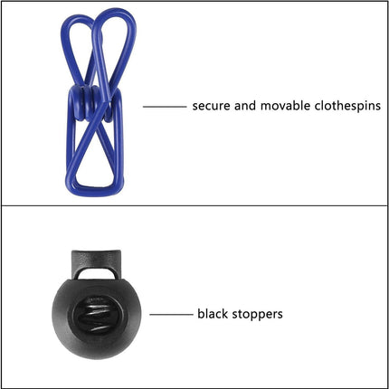 2 Pack 5.84 Feet Windproof Clothesline with 12 Blue Clips, Adjustable Clothes Line for Home, Travel and Outdoor Hanging Clothes.