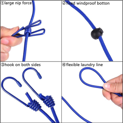 2 Pack 5.84 Feet Windproof Clothesline with 12 Blue Clips, Adjustable Clothes Line for Home, Travel and Outdoor Hanging Clothes.