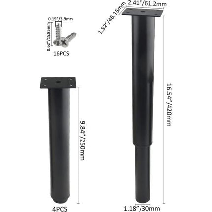 (25-42 cm, black) Set of 4 sturdy adjustable metal furniture legs.