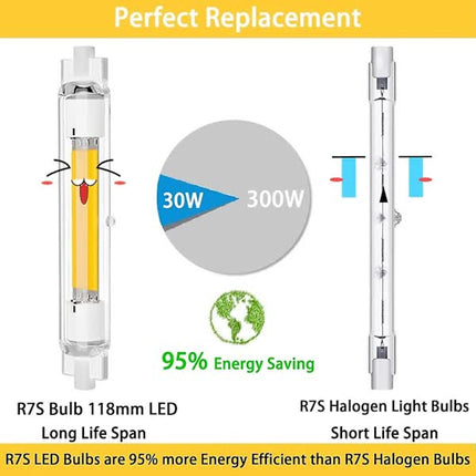 2 Pcs R7s 118mm 30W Dimmable LED Bulb Warm White 3000K Flicker Free.