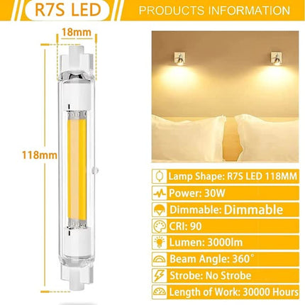 2 Pcs R7s 118mm 30W Dimmable LED Bulb Warm White 3000K Flicker Free.