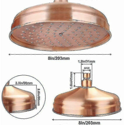 Copper High Pressure Rain Shower Head 20cm 8 Inch Adjustable Angle Fixed Mount Gold.