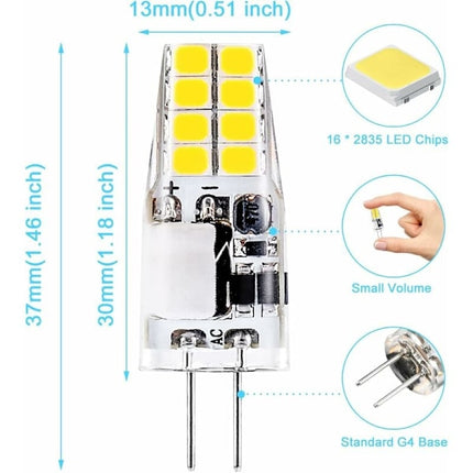 G4 LED Bulb 3W 6000K Cool White Equivalent to 35W Halogen 12V AC/DC 300 Lumens Non-Dimmable 10 Pack.