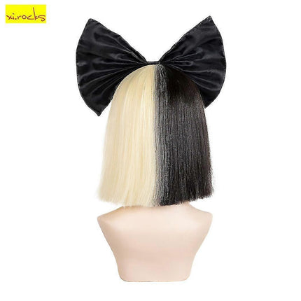 Ombre Straight SIA Cosplay Wig with Bangs and Black Bow 14 Inch Synthetic Hair for Women.