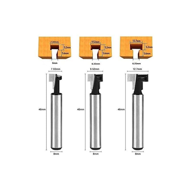 8mm T-Slot Router Bits 3Pcs Set with 7.93/9.52/12.7mm Shanks Compatible with Bosch DeWalt Makita for Woodworking Power Tools Carpentry.